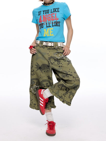 BETWEENAND Distressed Allover Star Print Vintage Cargo Women&