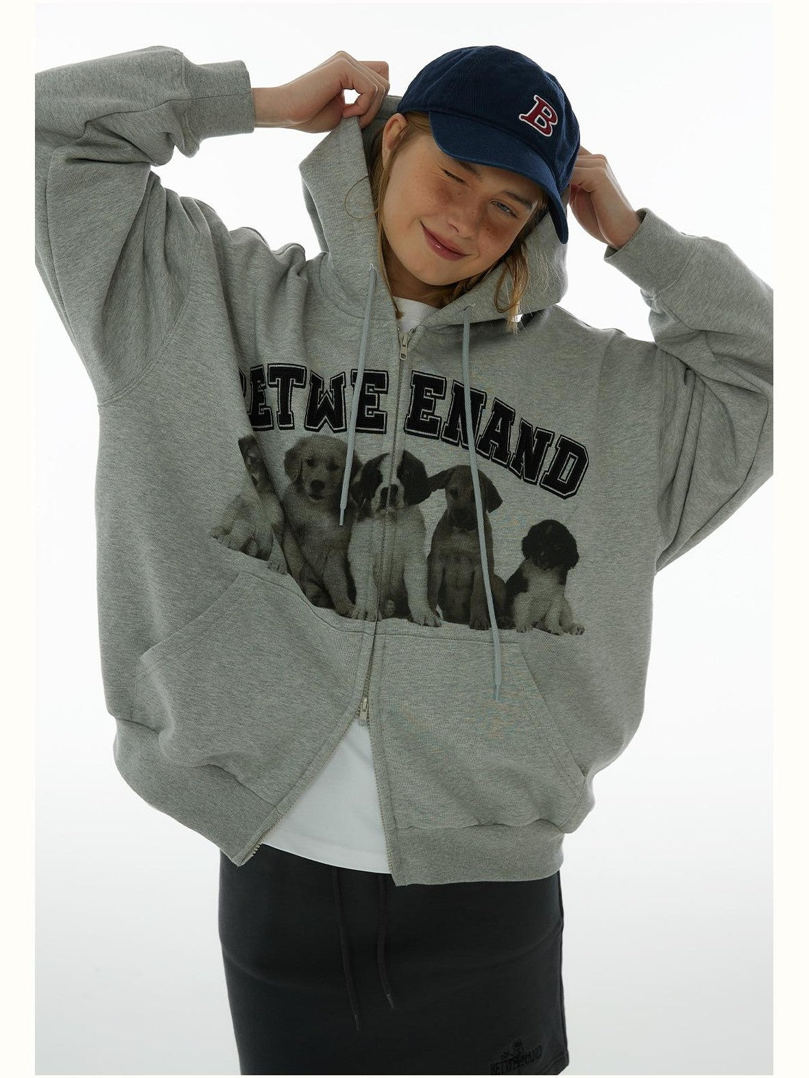 BETWEENAND Dog Family Embroidered Zip Hooded Women&