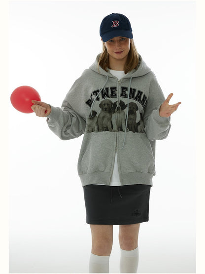 BETWEENAND Dog Family Embroidered Zip Hooded Women&