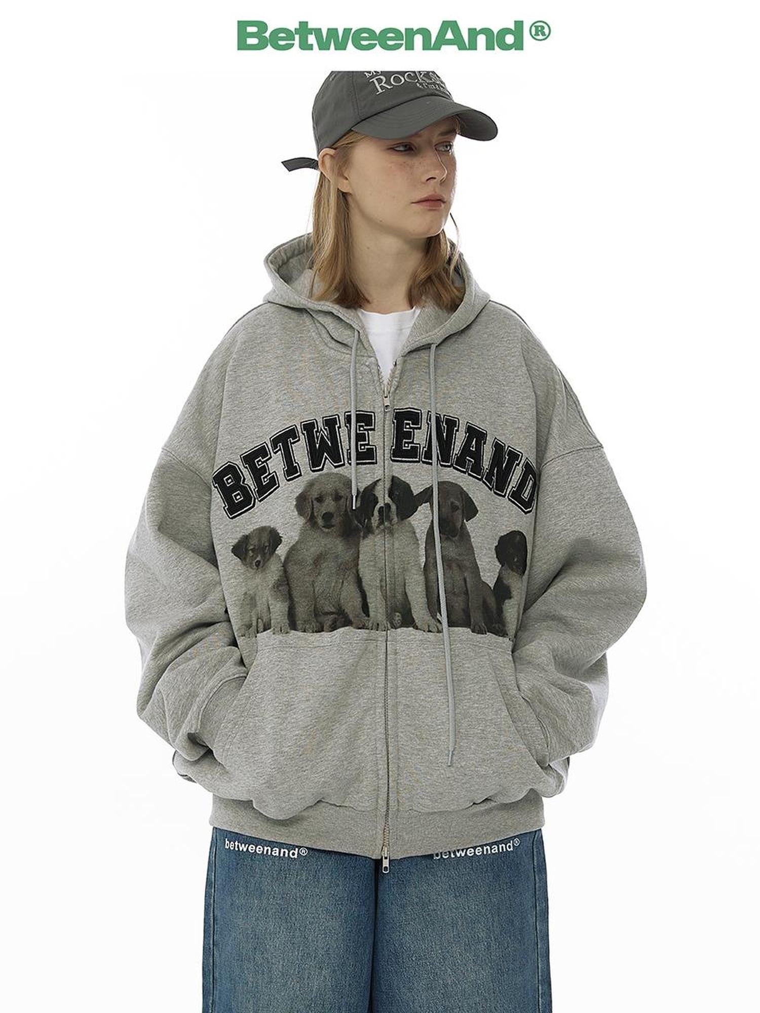 BETWEENAND Dog Family Embroidered Zip Hooded Women&