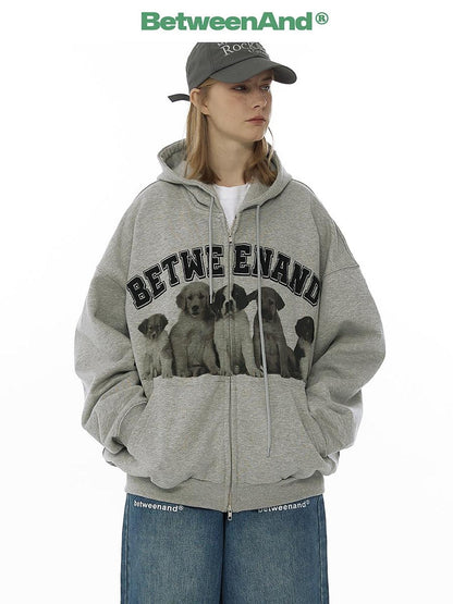 BETWEENAND Dog Family Embroidered Zip Hooded Women&