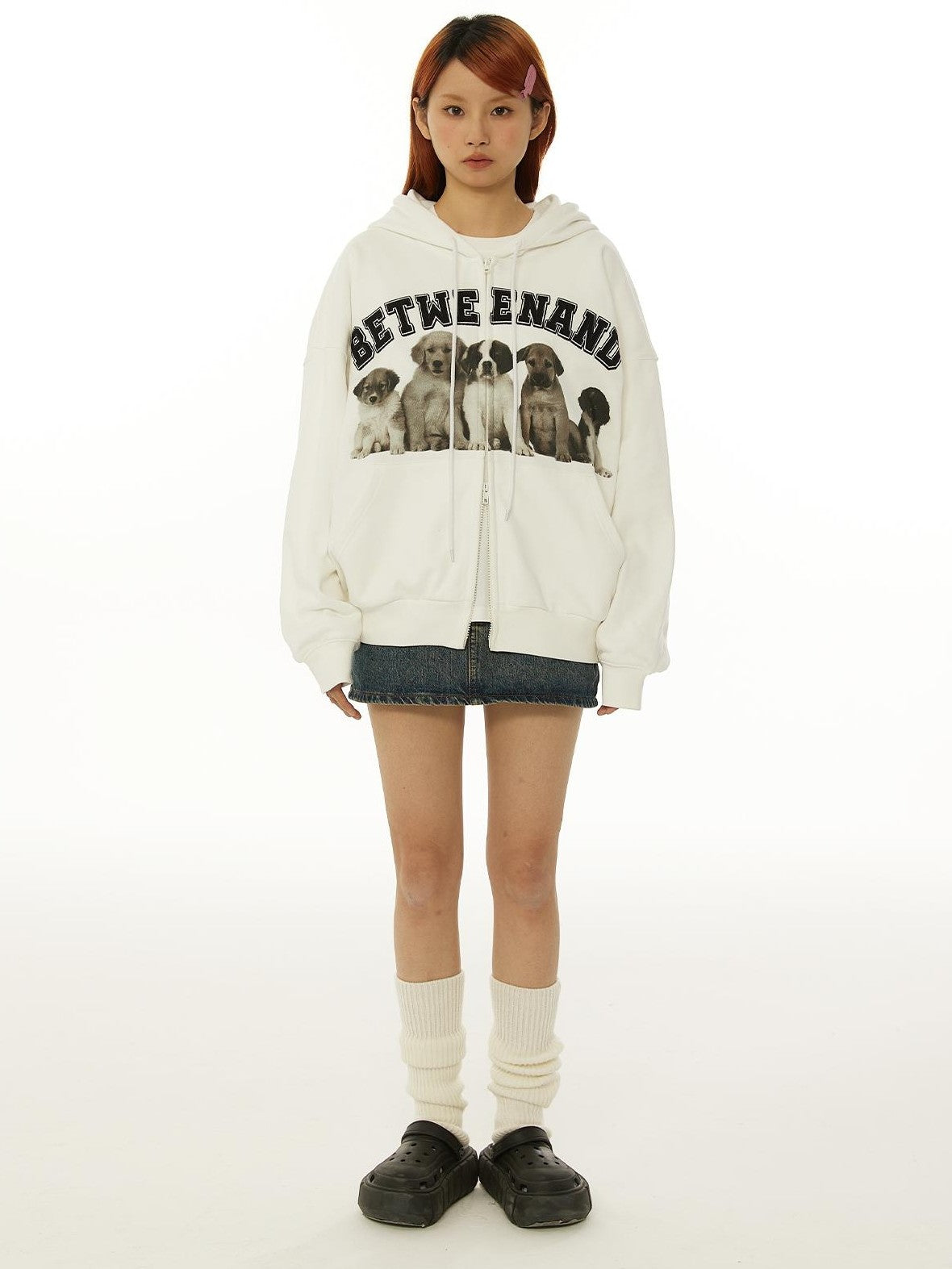 BETWEENAND Dog Family Embroidered Zip Hooded Women&