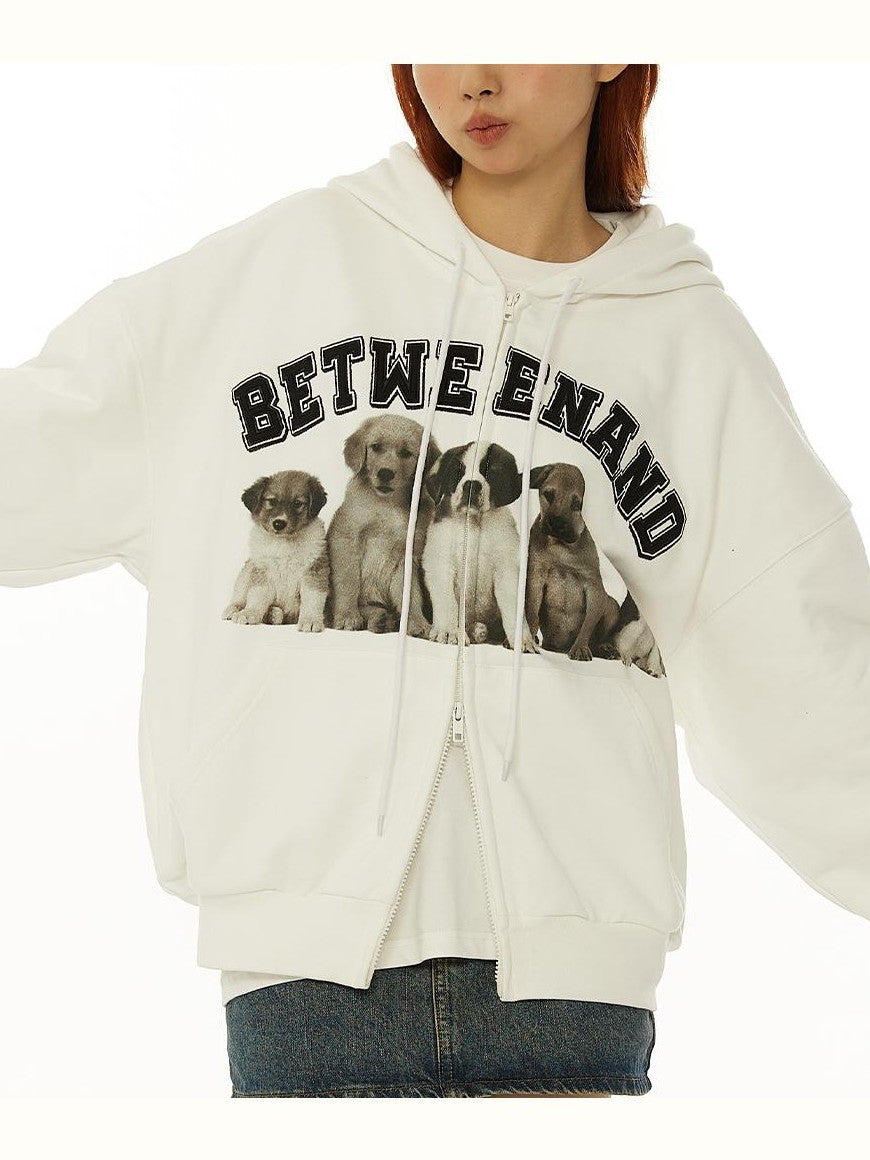 BETWEENAND Dog Family Embroidered Zip Hooded Women&