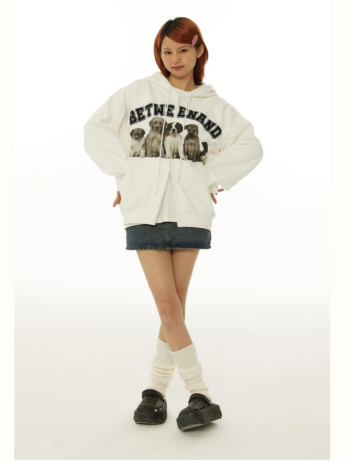 BETWEENAND Dog Family Embroidered Zip Hooded Women&