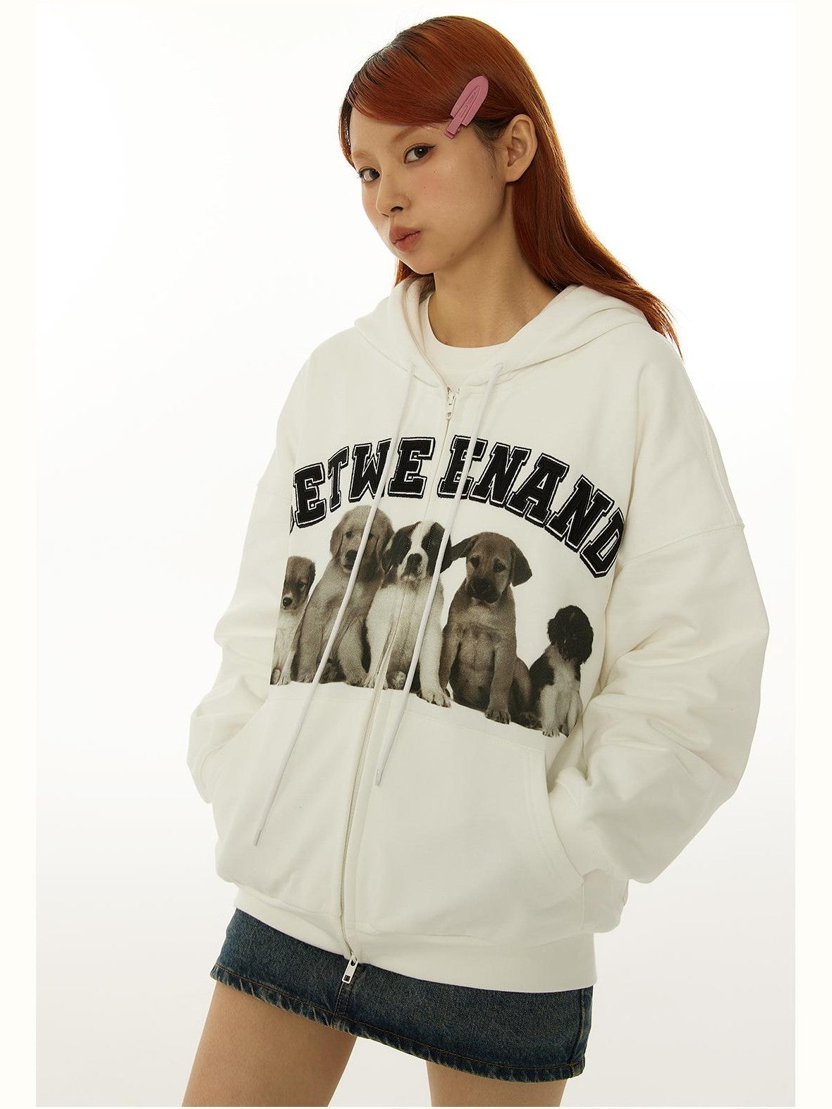 BETWEENAND Dog Family Embroidered Zip Hooded Women&