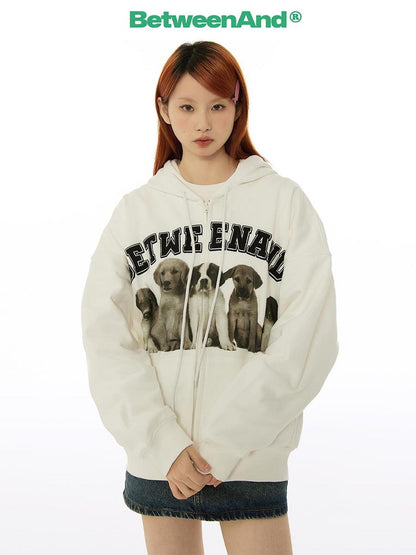 BETWEENAND Dog Family Embroidered Zip Hooded Women&