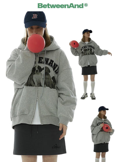 BETWEENAND Dog Family Embroidered Zip Hooded Women&