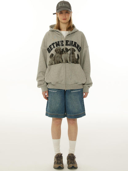 BETWEENAND Dog Family Embroidered Zip Hooded Women&