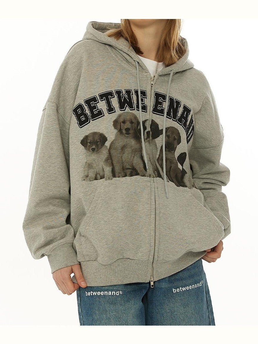 BETWEENAND Dog Family Embroidered Zip Hooded Women&