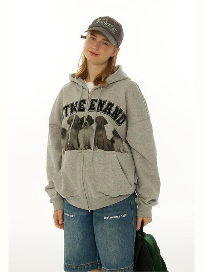 BETWEENAND Dog Family Embroidered Zip Hooded Women&