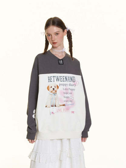 BETWEENAND Dog Patch Contrast V-neck Embroidered Women&