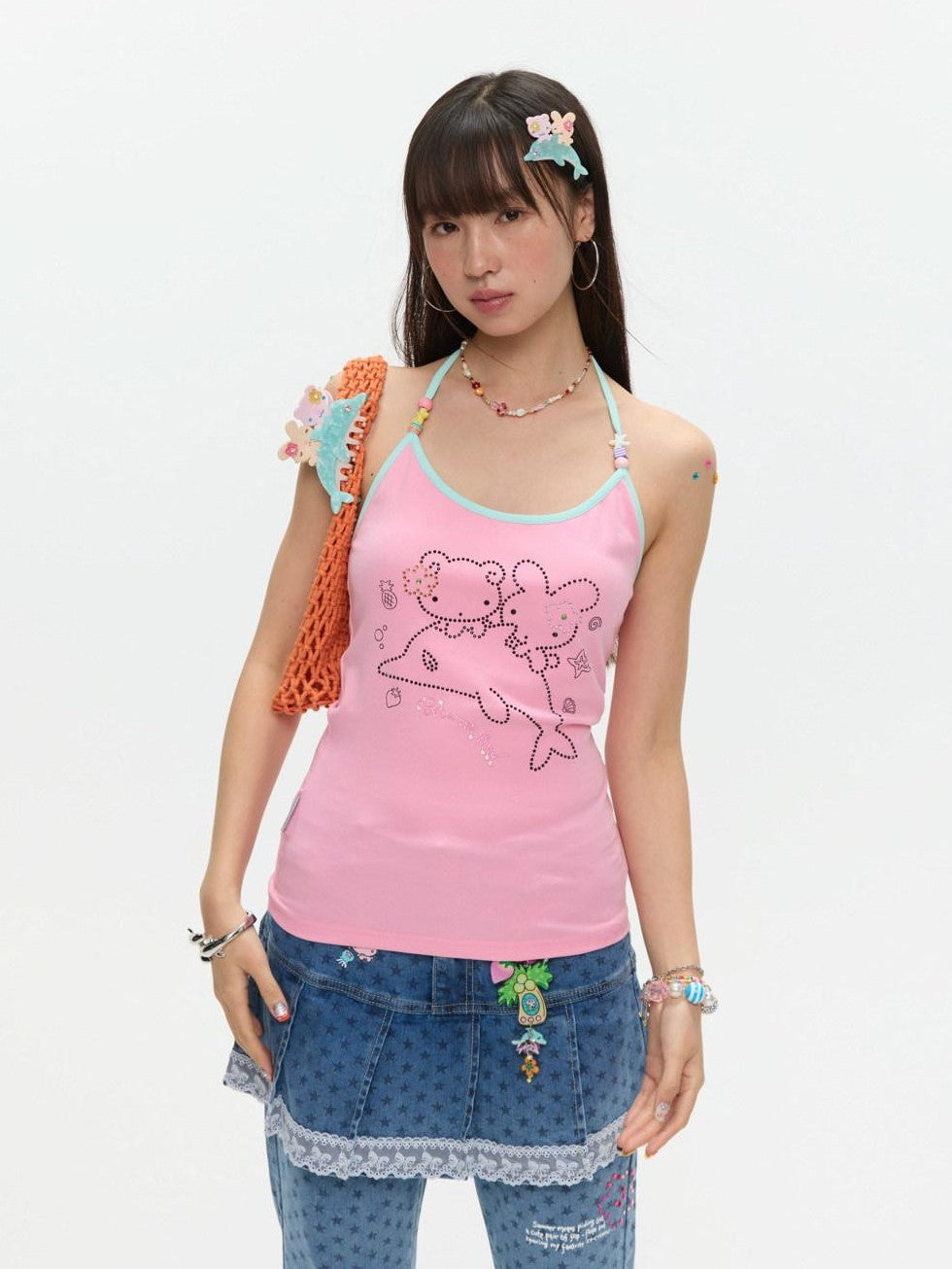 BETWEENAND Dolphin Beaded Rhinestone Print Slim Women&