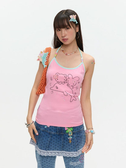 BETWEENAND Dolphin Beaded Rhinestone Print Slim Women&