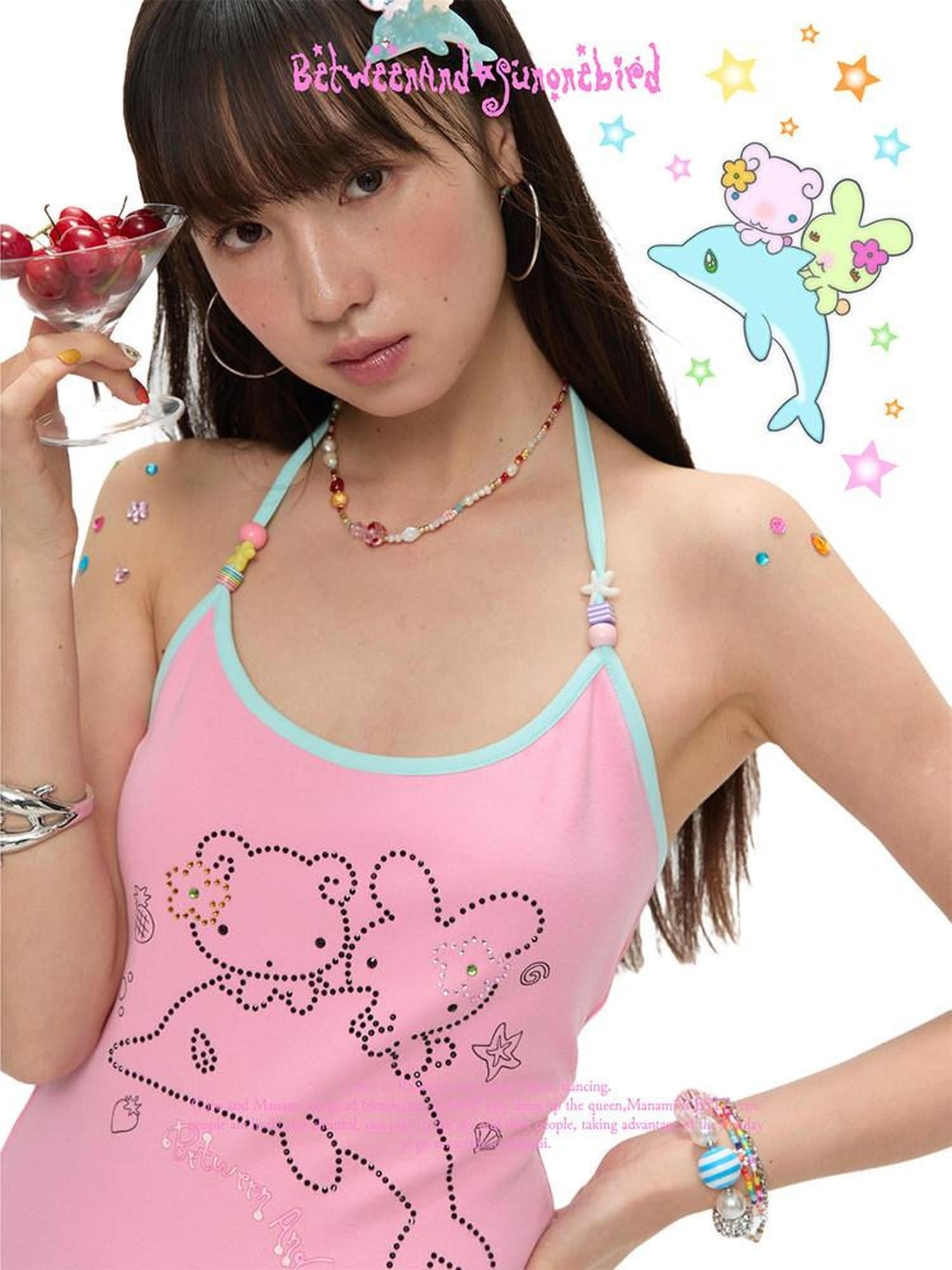 BETWEENAND Dolphin Beaded Rhinestone Print Slim Women&