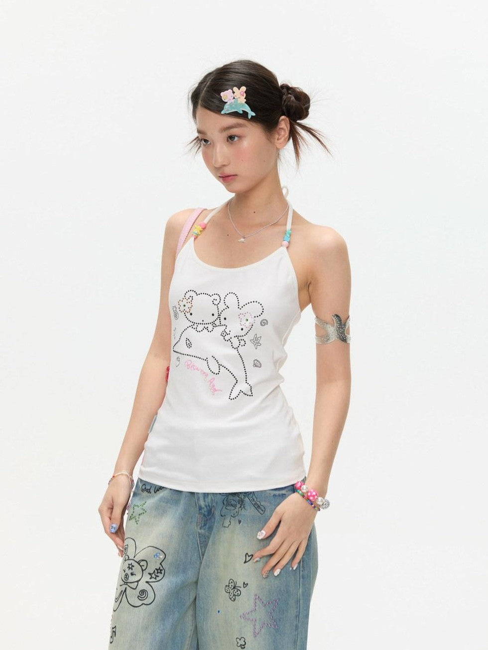 BETWEENAND Dolphin Beaded Rhinestone Print Slim Women&