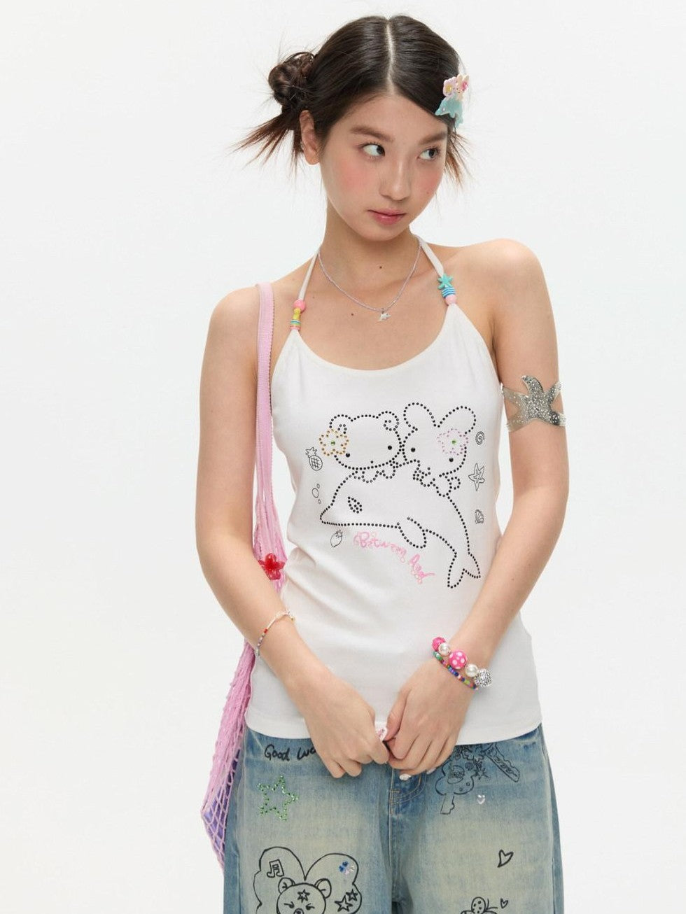 BETWEENAND Dolphin Beaded Rhinestone Print Slim Women&