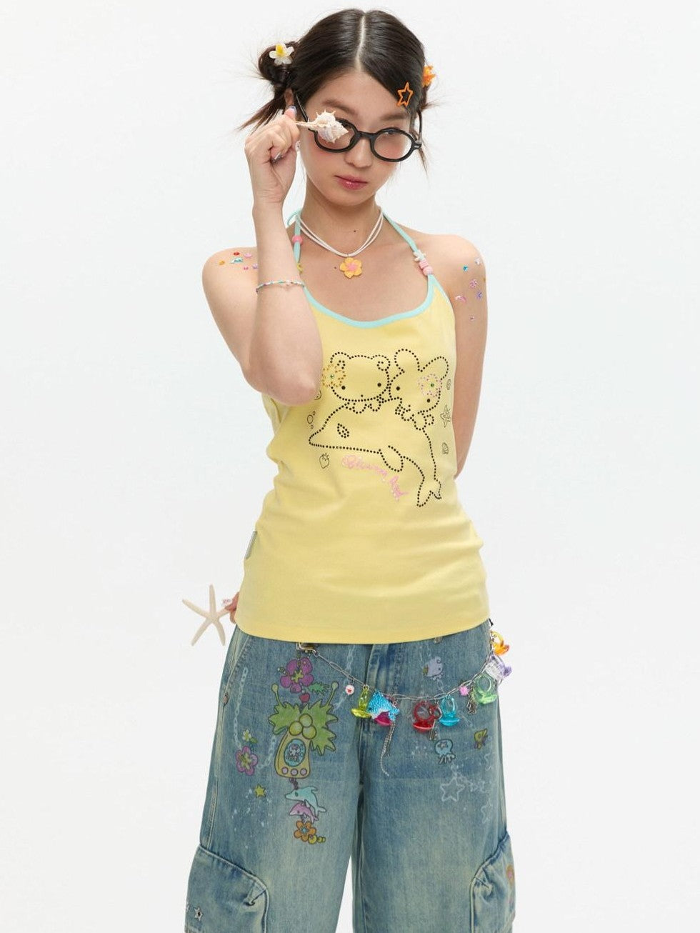 BETWEENAND Dolphin Beaded Rhinestone Print Slim Women&