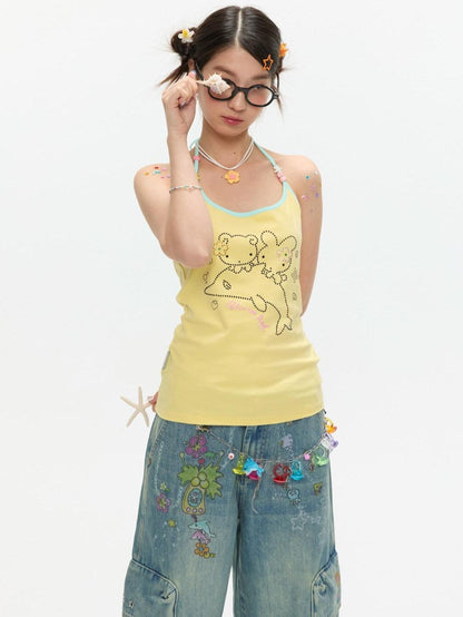 BETWEENAND Dolphin Beaded Rhinestone Print Slim Women&