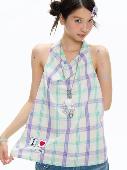 BETWEENAND Dolphin Check Heart Print Cute Loose Women&