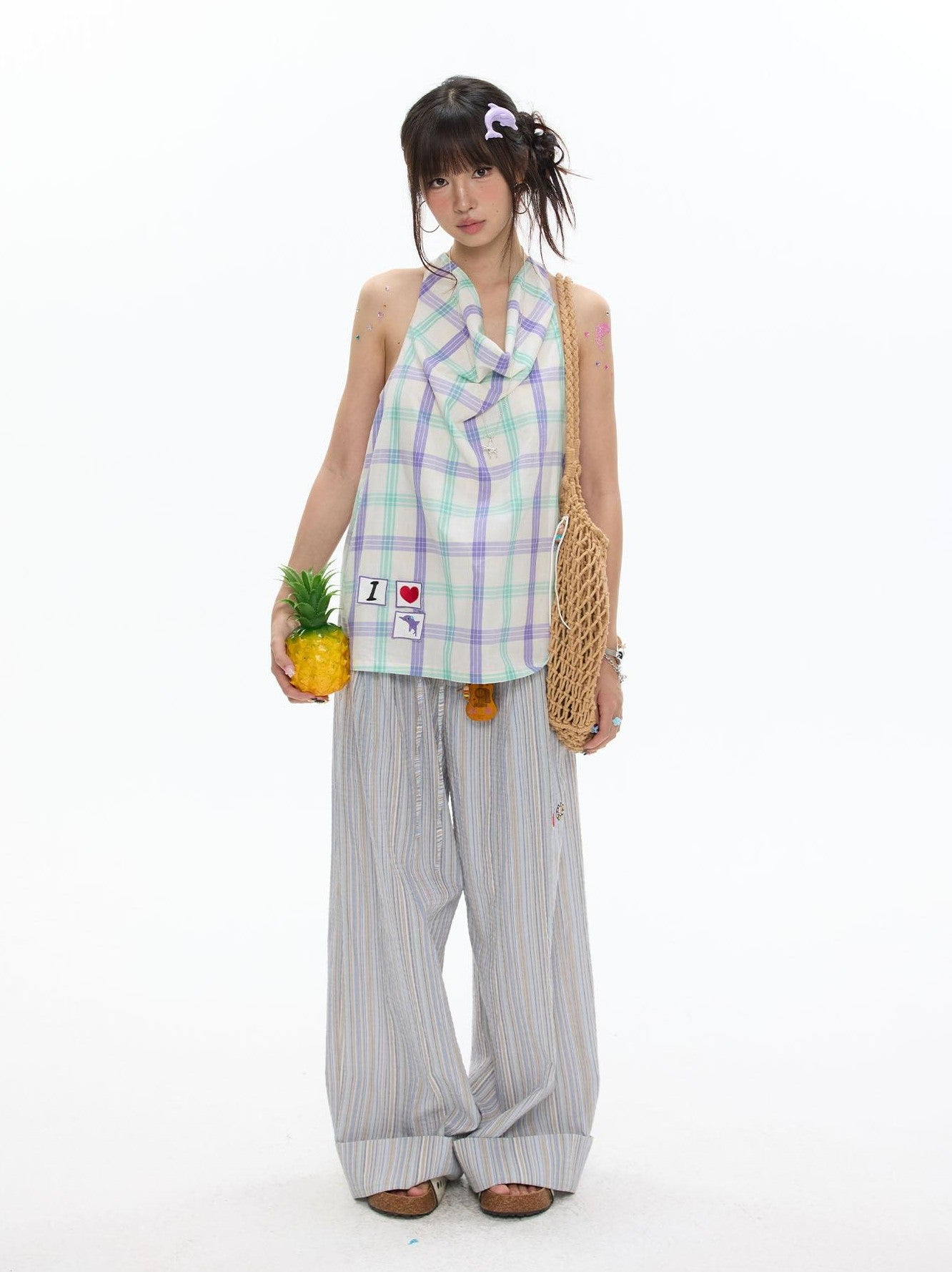 BETWEENAND Dolphin Check Heart Print Cute Loose Women&
