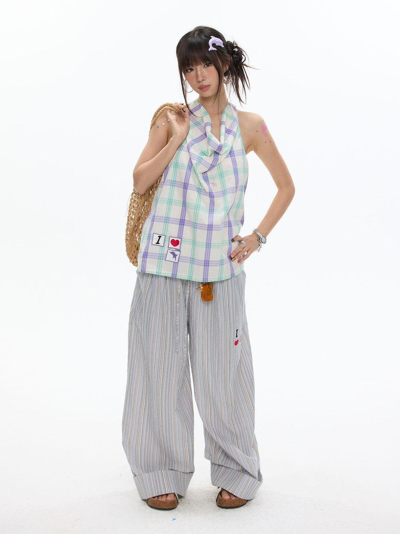 BETWEENAND Dolphin Check Heart Print Cute Loose Women&