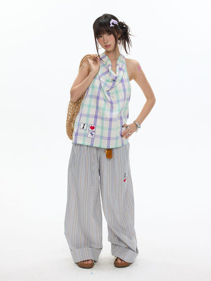 BETWEENAND Dolphin Check Heart Print Cute Loose Women&