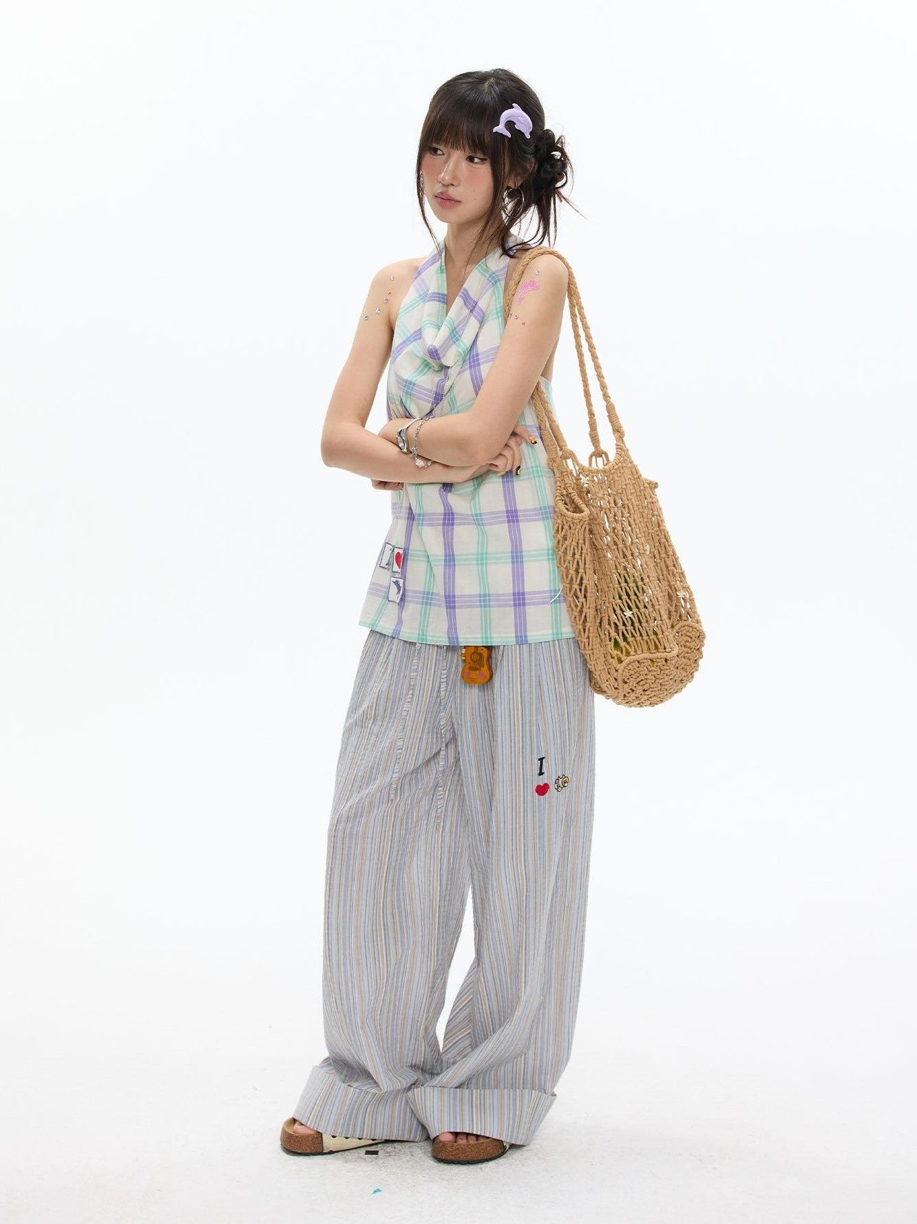 BETWEENAND Dolphin Check Heart Print Cute Loose Women&