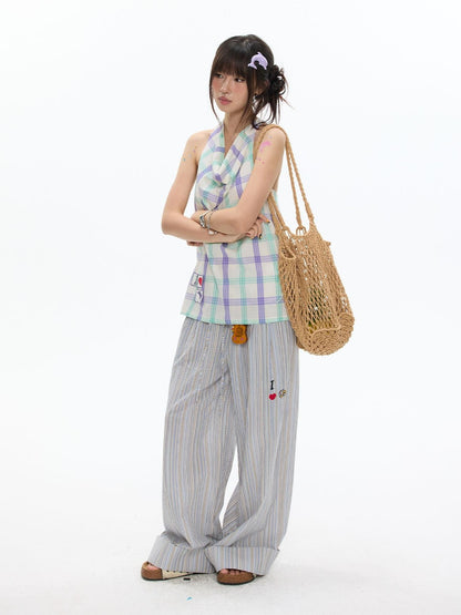 BETWEENAND Dolphin Check Heart Print Cute Loose Women&