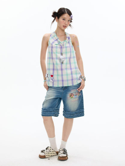 BETWEENAND Dolphin Check Heart Print Cute Loose Women&