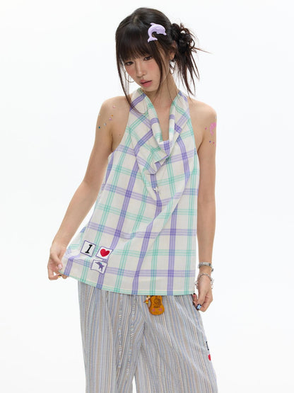BETWEENAND Dolphin Check Heart Print Cute Loose Women&