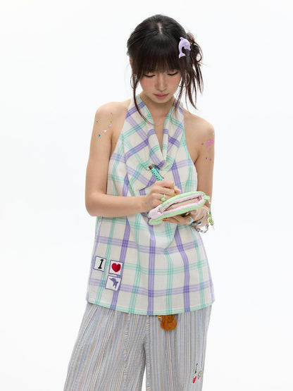 BETWEENAND Dolphin Check Heart Print Cute Loose Women&