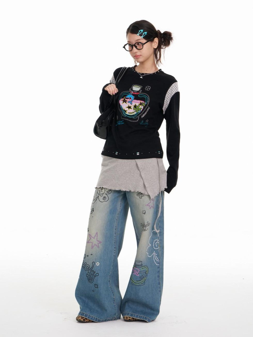 BETWEENAND Dolphin Lucky Bottle Patchwork Rhinestone Print Women&
