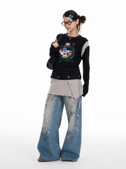 BETWEENAND Dolphin Lucky Bottle Patchwork Rhinestone Print Women&