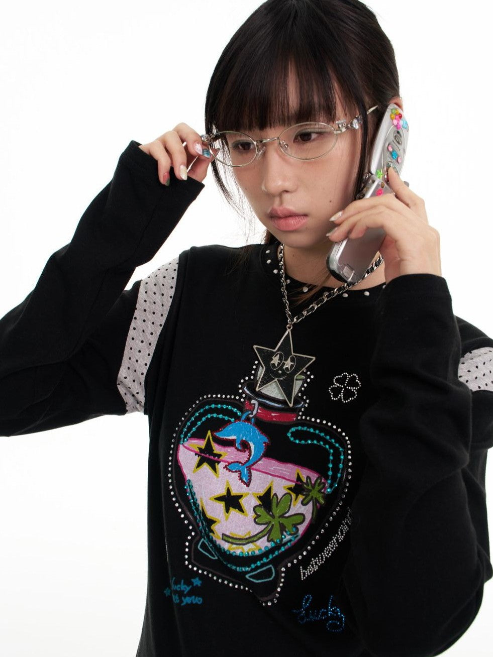 BETWEENAND Dolphin Lucky Bottle Patchwork Rhinestone Print Women&