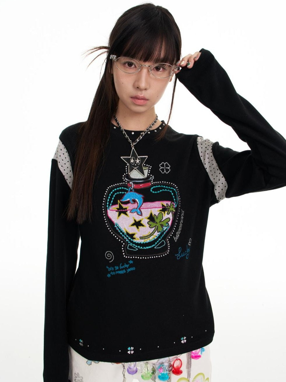 BETWEENAND Dolphin Lucky Bottle Patchwork Rhinestone Print Women&