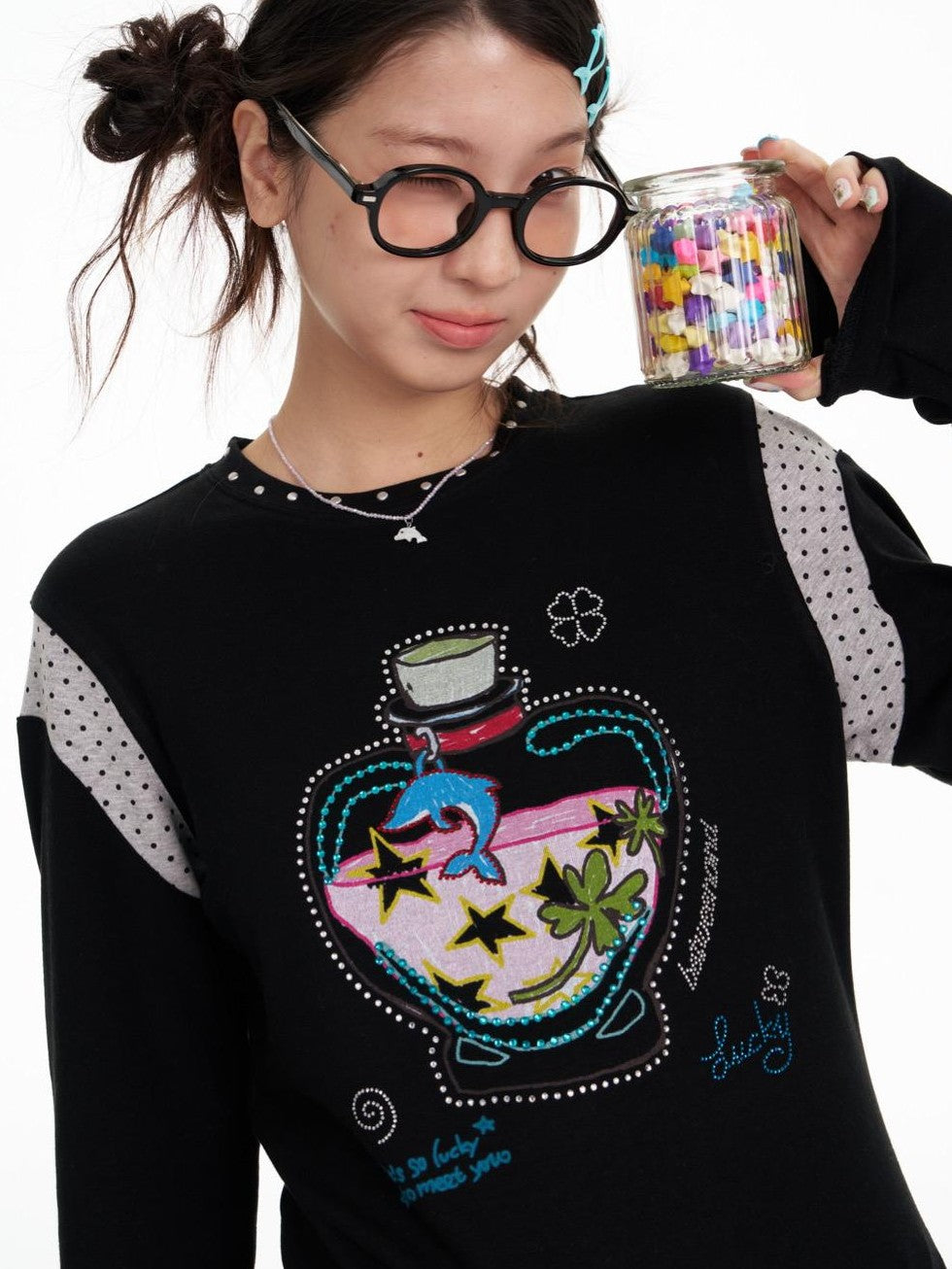 BETWEENAND Dolphin Lucky Bottle Patchwork Rhinestone Print Women&