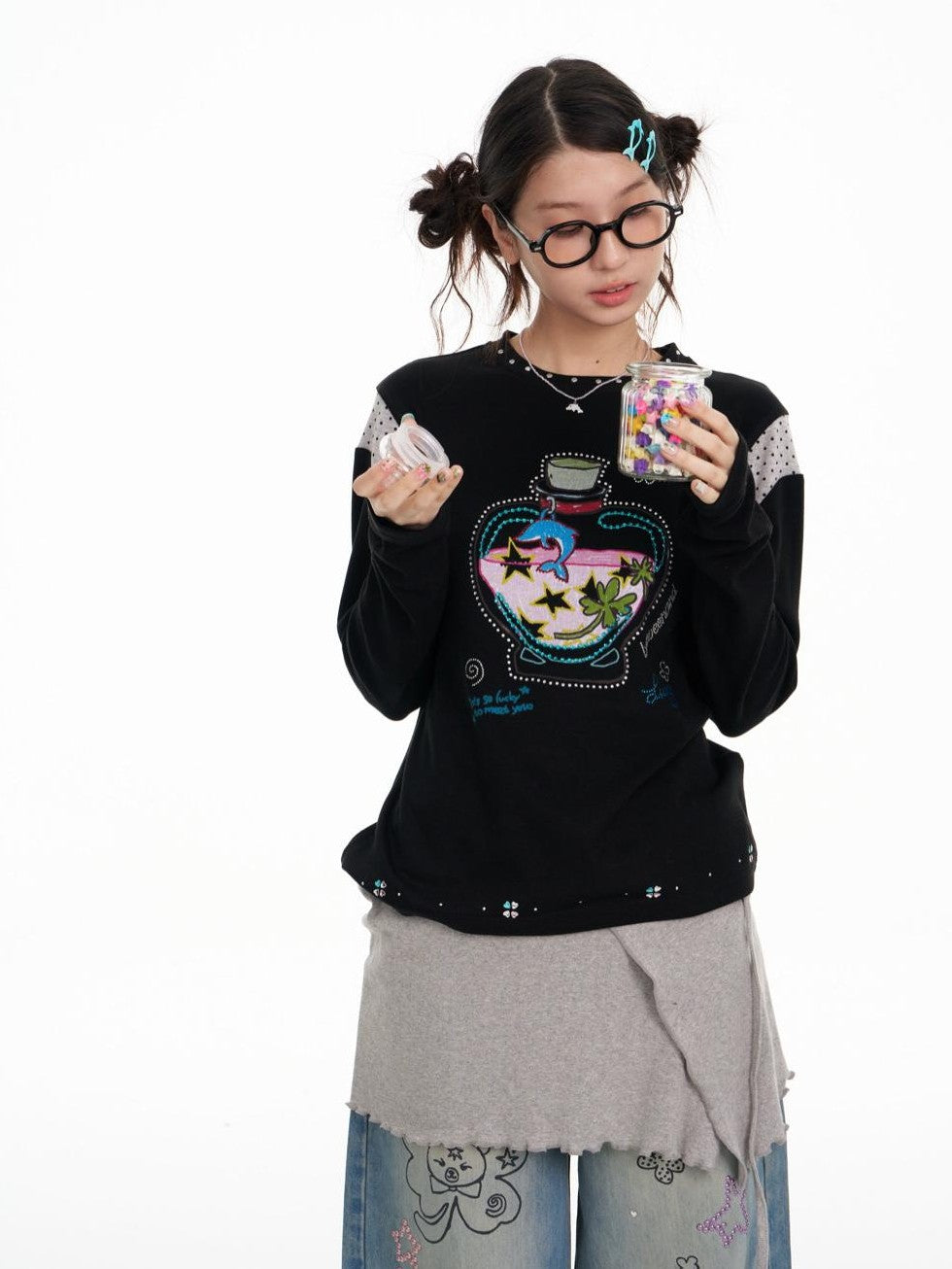 BETWEENAND Dolphin Lucky Bottle Patchwork Rhinestone Print Women&
