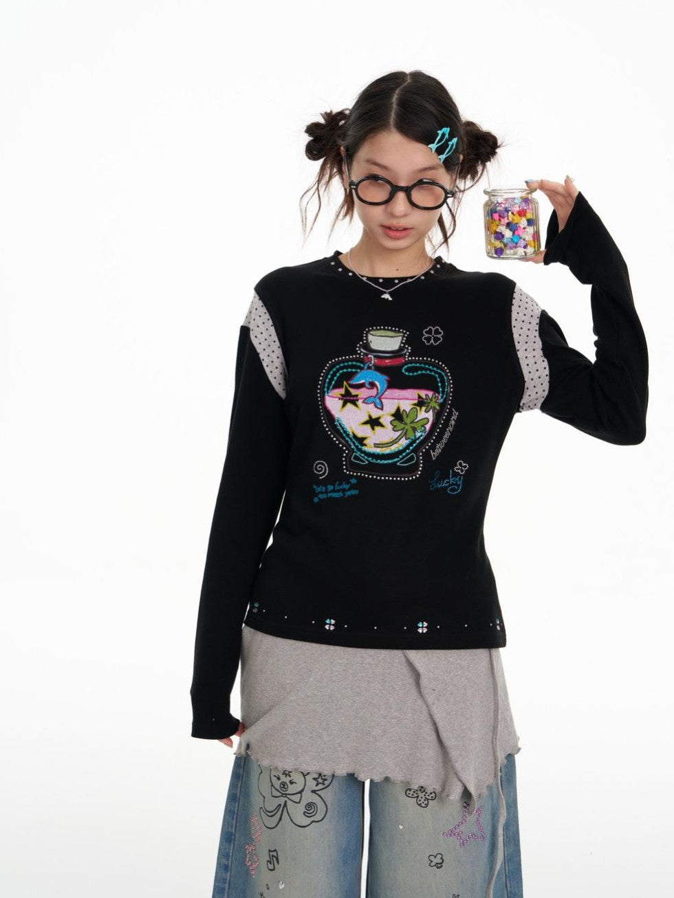 BETWEENAND Dolphin Lucky Bottle Patchwork Rhinestone Print Women&