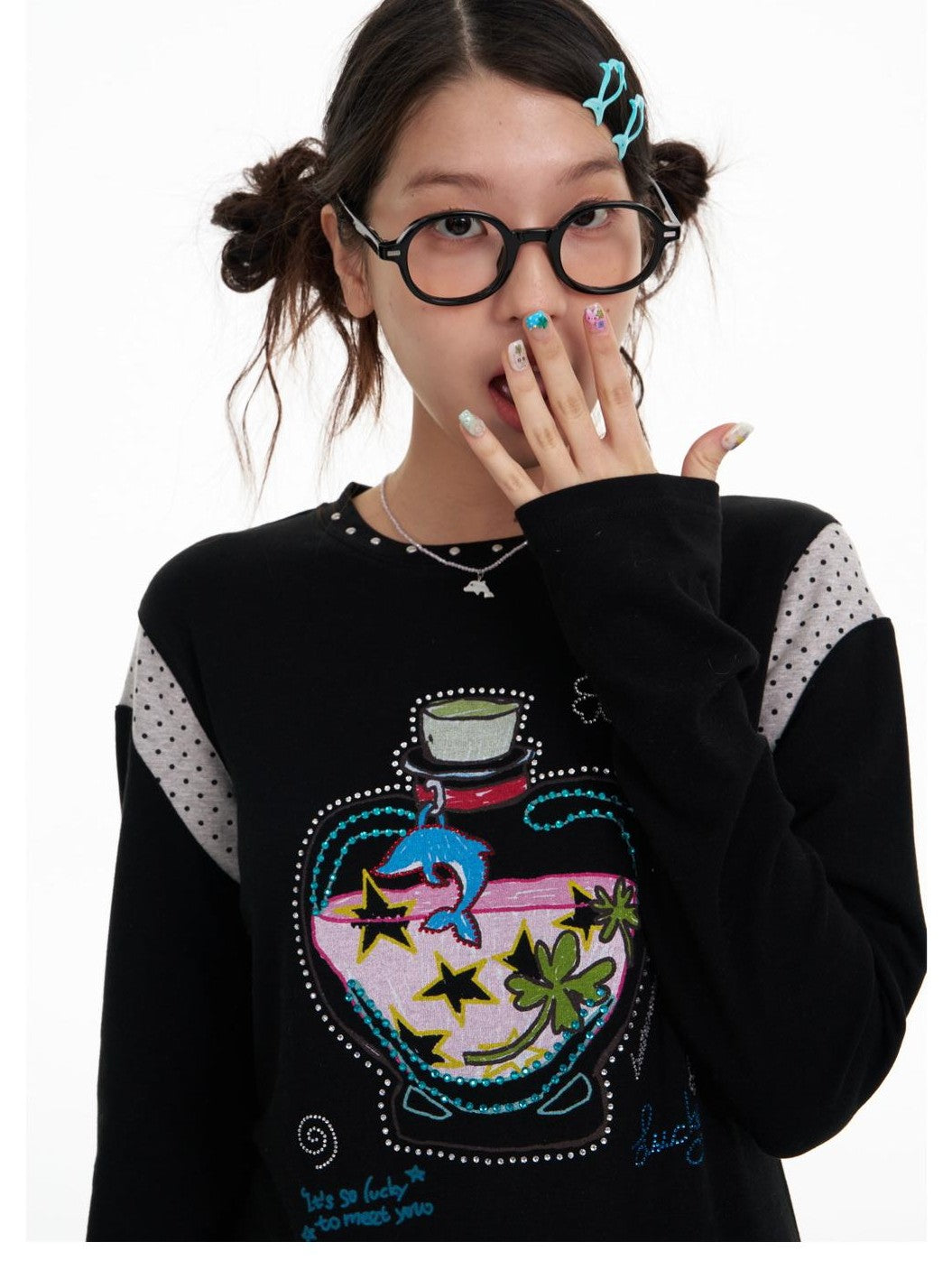BETWEENAND Dolphin Lucky Bottle Patchwork Rhinestone Print Women&