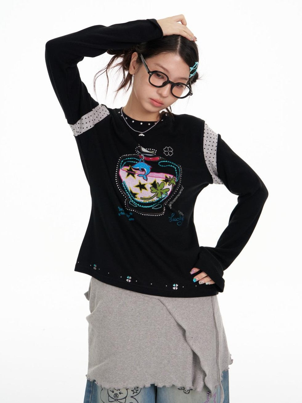 BETWEENAND Dolphin Lucky Bottle Patchwork Rhinestone Print Women&
