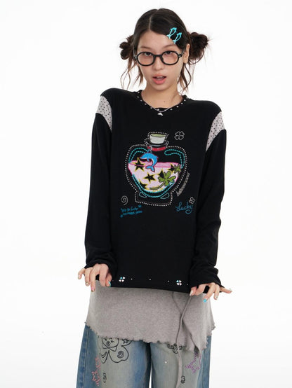 BETWEENAND Dolphin Lucky Bottle Patchwork Rhinestone Print Women&