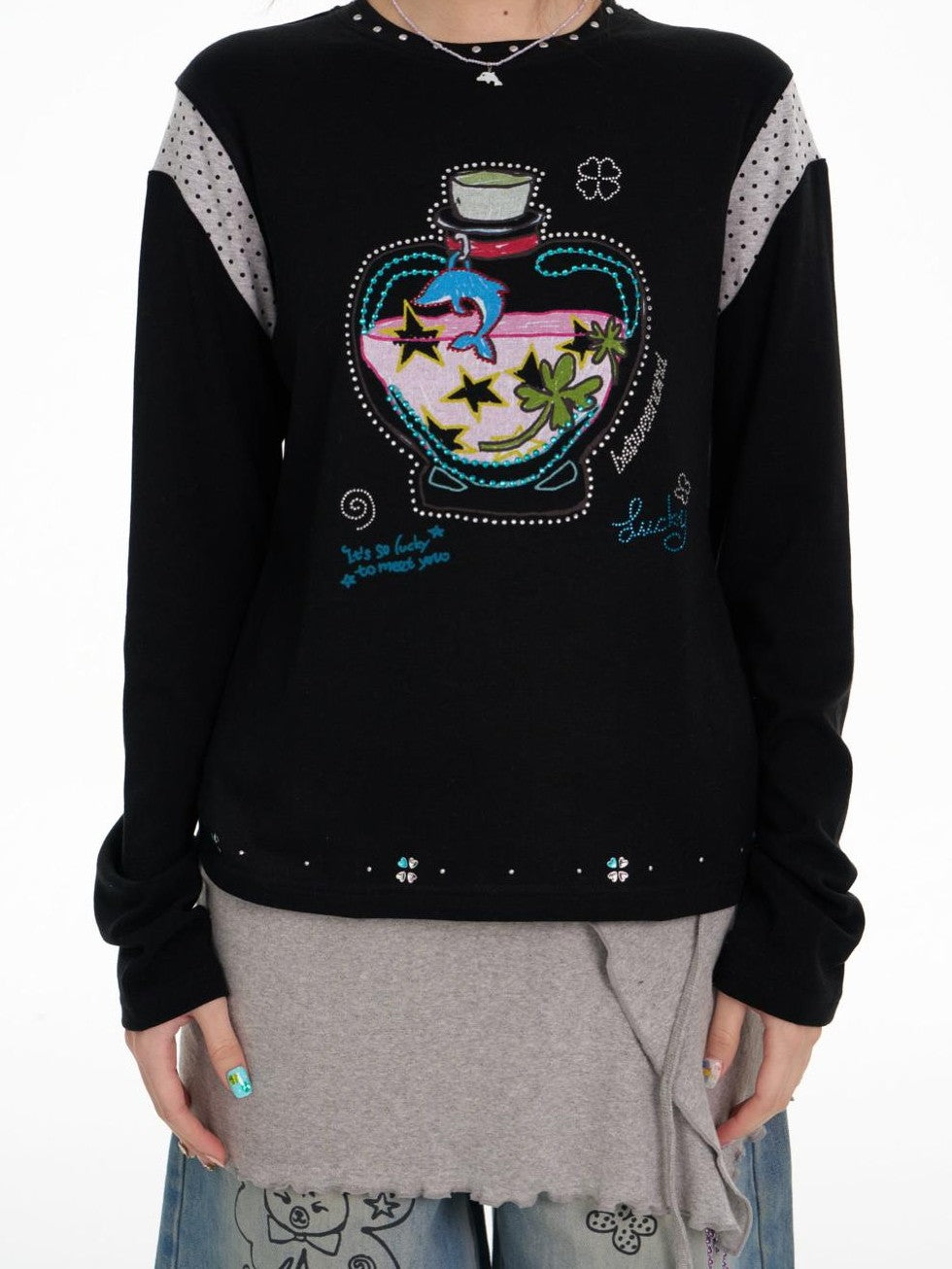 BETWEENAND Dolphin Lucky Bottle Patchwork Rhinestone Print Women&