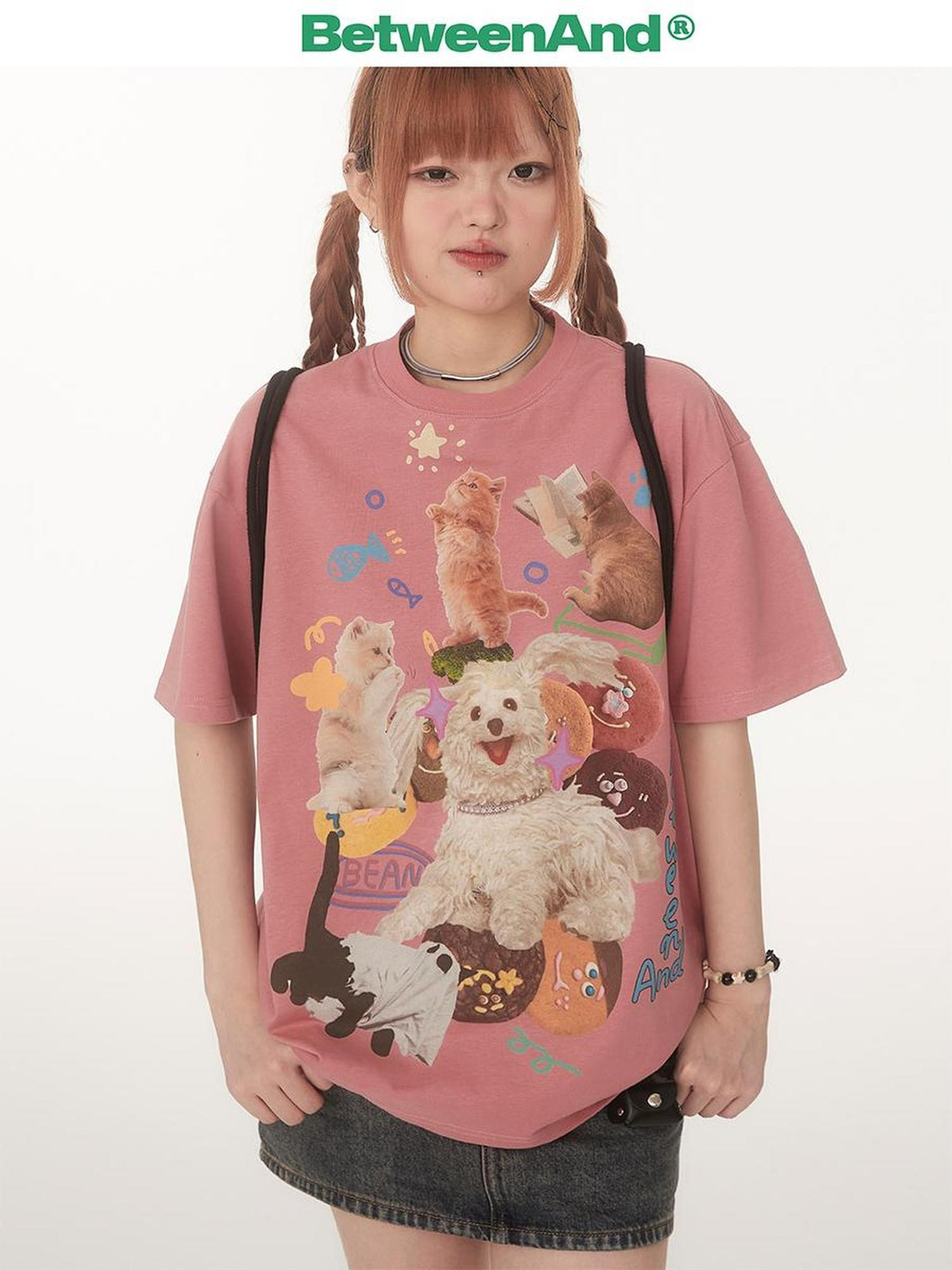 BETWEENAND Dopamine Cat Dog Print Round Neck Women&