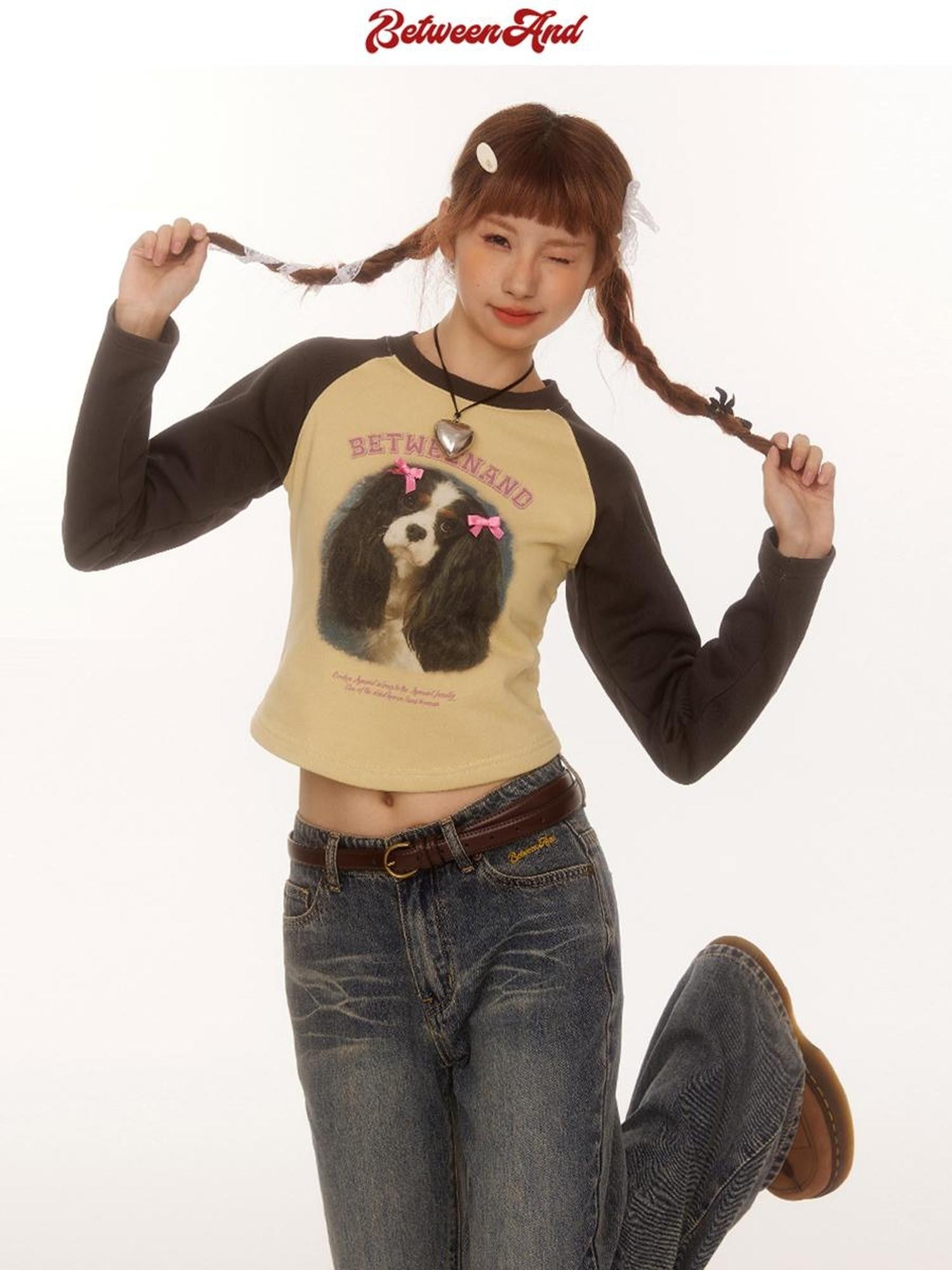 BETWEENAND Double Bow Puppy Print Raglan Crop Women&