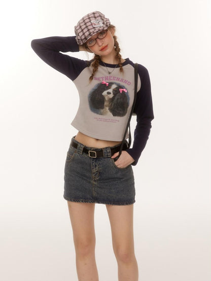 BETWEENAND Double Bow Puppy Print Raglan Crop Women&