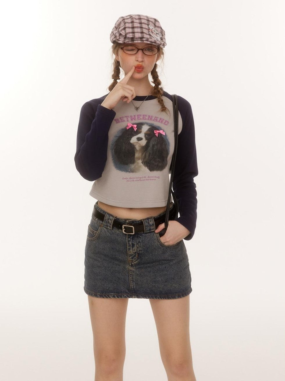 BETWEENAND Double Bow Puppy Print Raglan Crop Women&
