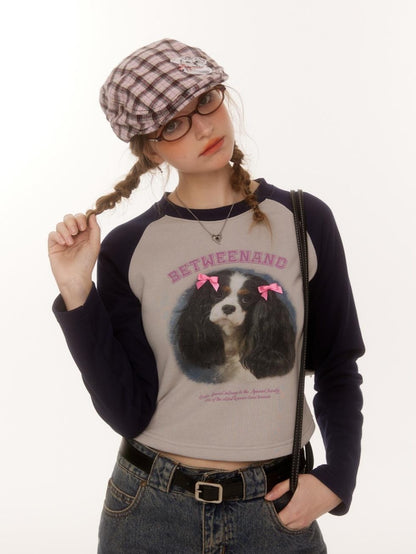 BETWEENAND Double Bow Puppy Print Raglan Crop Women&
