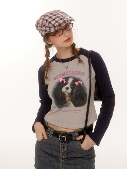 BETWEENAND Double Bow Puppy Print Raglan Crop Women&