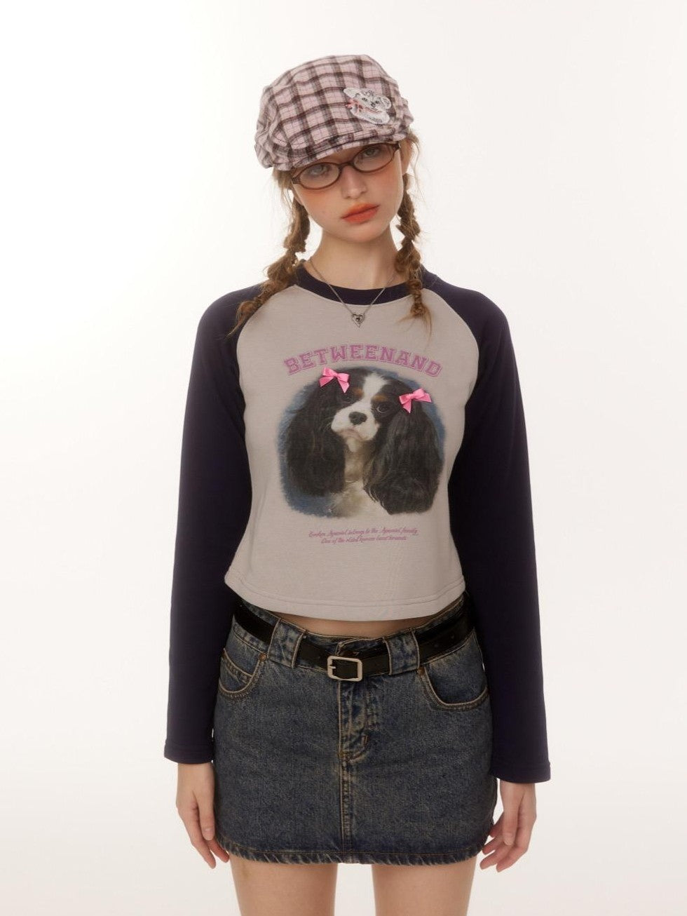 BETWEENAND Double Bow Puppy Print Raglan Crop Women&