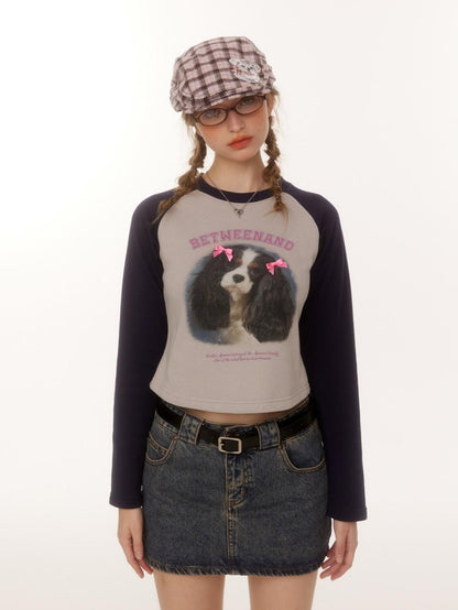 BETWEENAND Double Bow Puppy Print Raglan Crop Women&